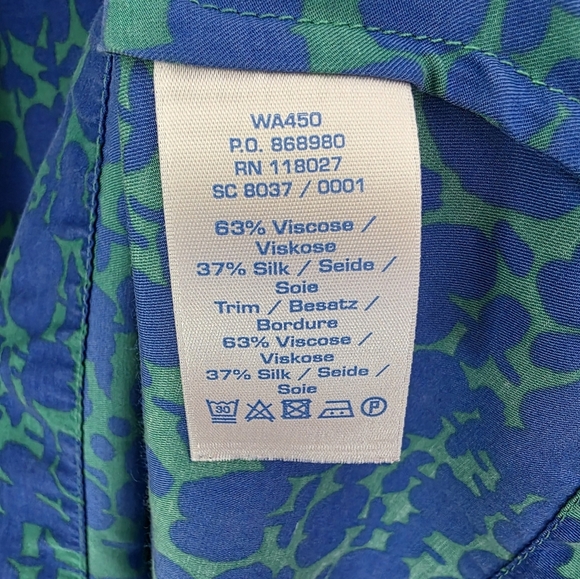 Boden silk blend patternerd 3/4 Sleeve blouse, Blue and Green, Size 8R - Picture 4 of 6